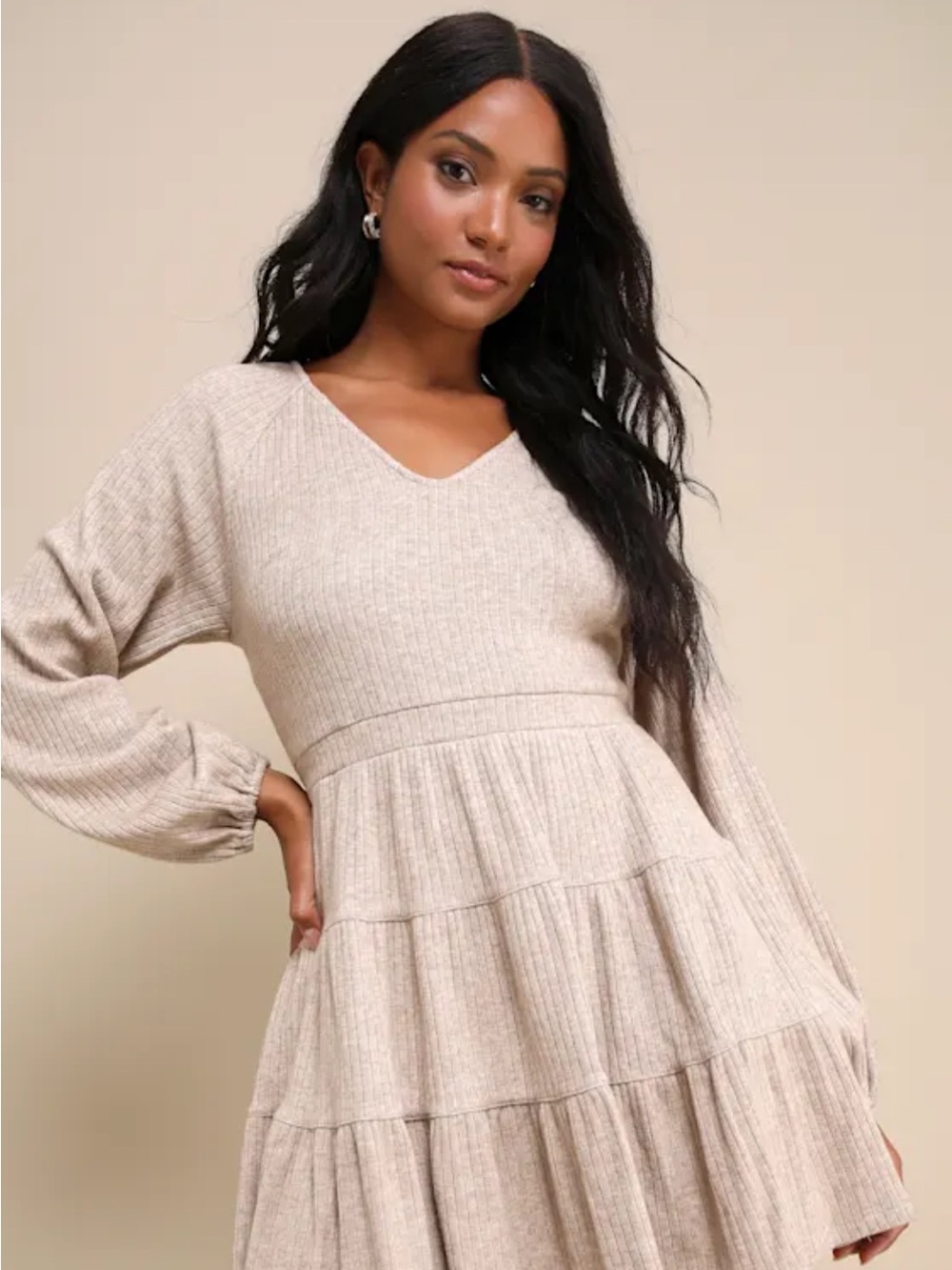 Lulu's Beige Ribbed V-Neck Tiered Knit Dress for Girls